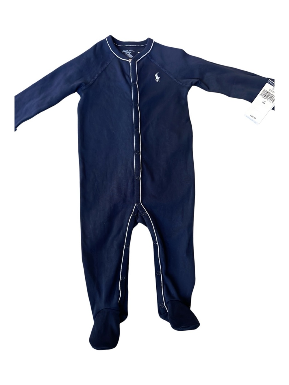 Ralph Lauren Navy Footed Baby One-Piece with White Piping new with tags